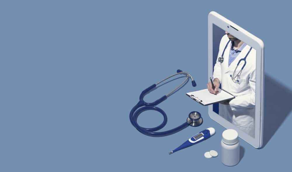 The image shows a visual representation of telemedicine software with a doctor coming out of a tablet.